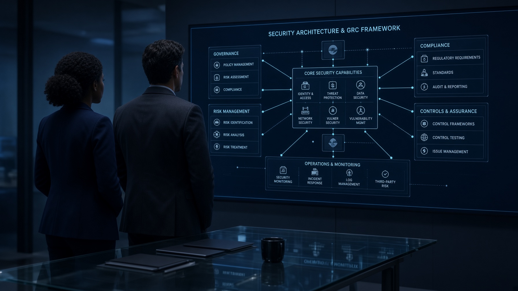 Cybersecurity consultants reviewing a security architecture visualization